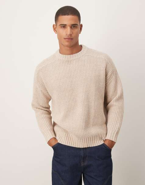 ASOS DESIGN oversized heavyweight knitted wool blend rib jumper in beige marl