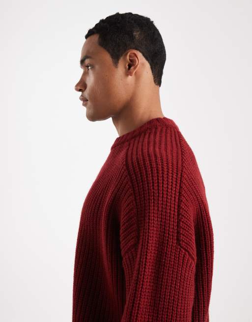 ASOS DESIGN oversized heavyweight knitted wool blend rib jumper in burgundy, 3 of 5