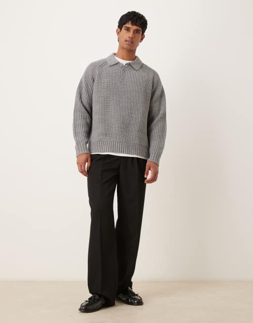 ASOS DESIGN oversized heavyweight knitted wool blend rib polo jumper in grey marl, 2 of 5