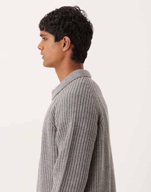 ASOS DESIGN oversized heavyweight knitted wool blend rib polo jumper in grey marl, 4 of 5