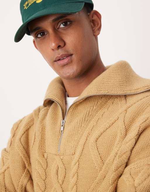 ASOS DESIGN oversized heavyweight knitted wool mix cable quarter zip jumper in ecru, 4 of 4