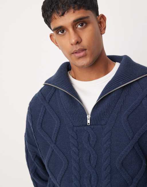 ASOS DESIGN oversized heavyweight knitted wool mix cable quarter zip jumper in navy ASOS