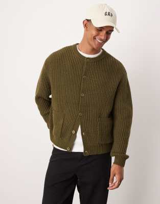 oversized heavyweight knitted wool mix crew neck cardigan in khaki-Green