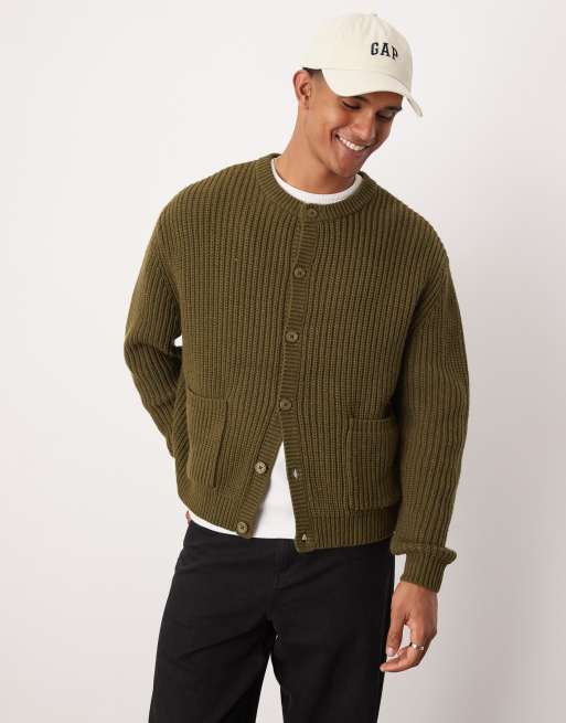 ASOS DESIGN oversized heavyweight knitted wool mix crew neck cardigan in khaki