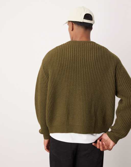 ASOS DESIGN oversized heavyweight knitted wool mix crew neck cardigan in khaki, 3 of 4