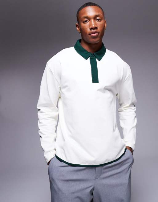 ASOS DESIGN oversized heavyweight long sleeve polo with tipping in cream ASOS