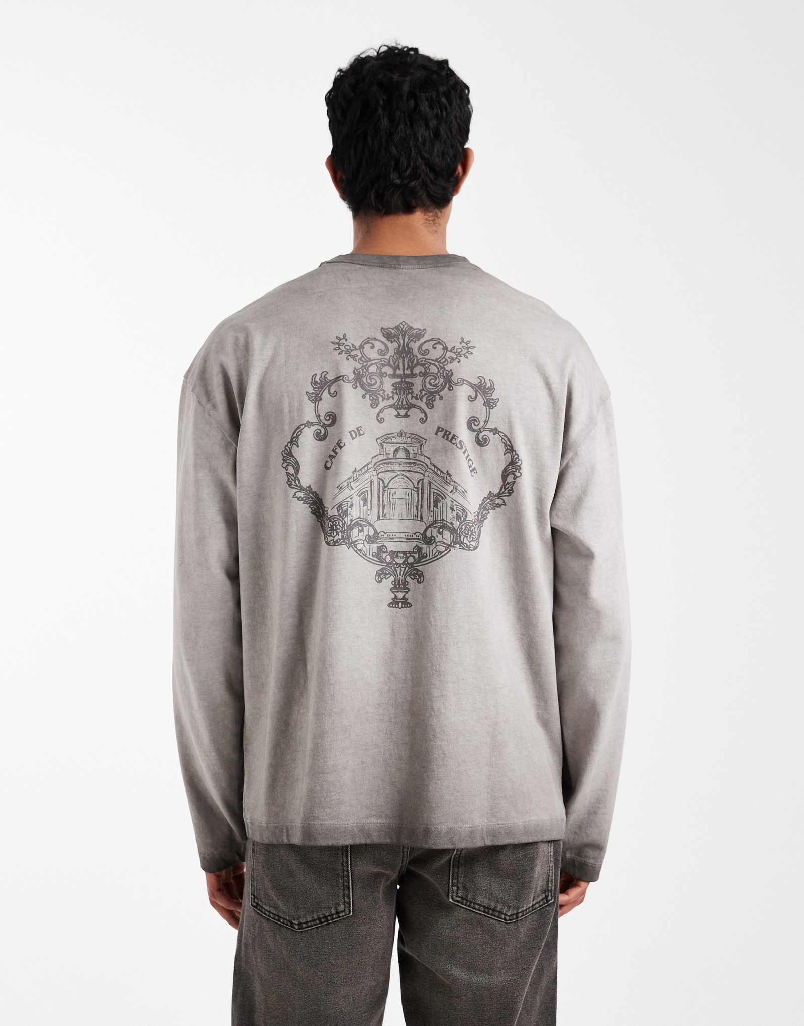 Футболка ASOS DESIGN oversize heavyweight с длинным рукавом и рисунком сзади в стираном сером цвете