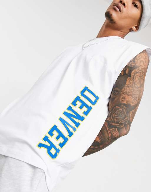 ASOS DESIGN oversized heavyweight longline sleeveless vest with city applique in white