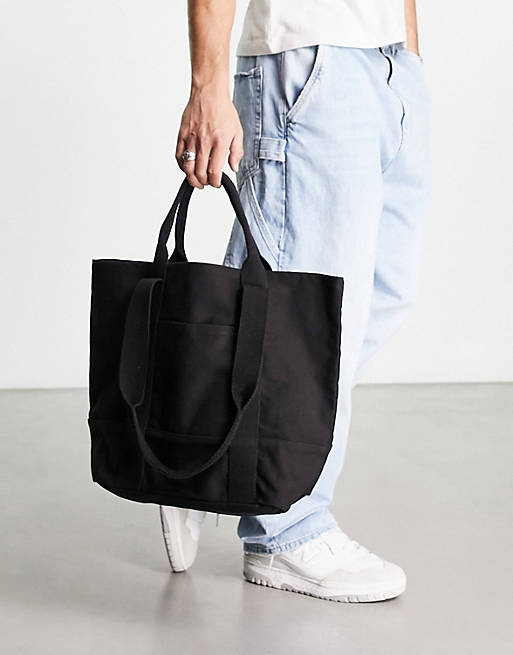  oversized heavyweight organic cotton tote bag with grab and shoulder handle in black 