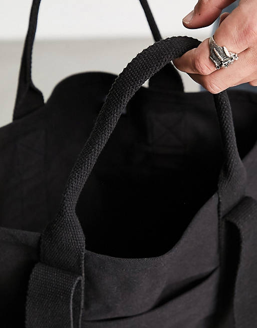  oversized heavyweight organic cotton tote bag with grab and shoulder handle in black 