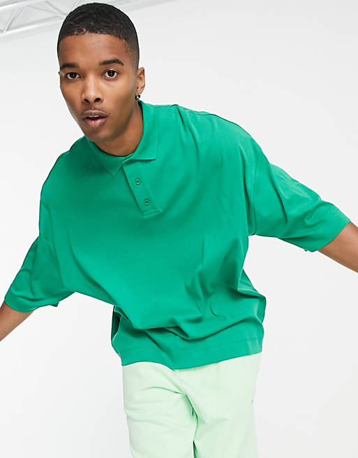ASOS DESIGN oversized heavyweight polo with deep placket in bright green