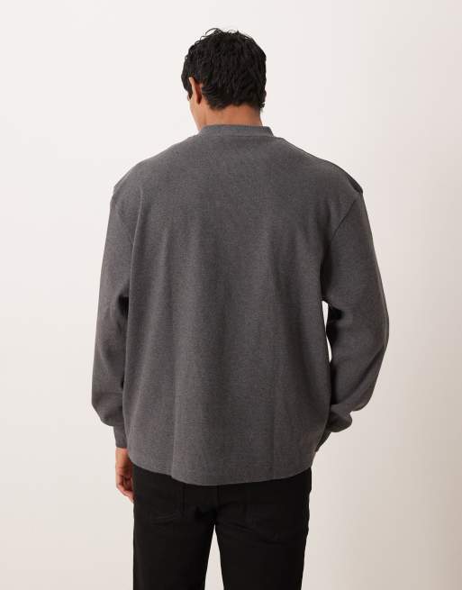 ASOS DESIGN oversized heavyweight ribbed sweatshirt with grandad collar in charcoal marl, 3 of 5