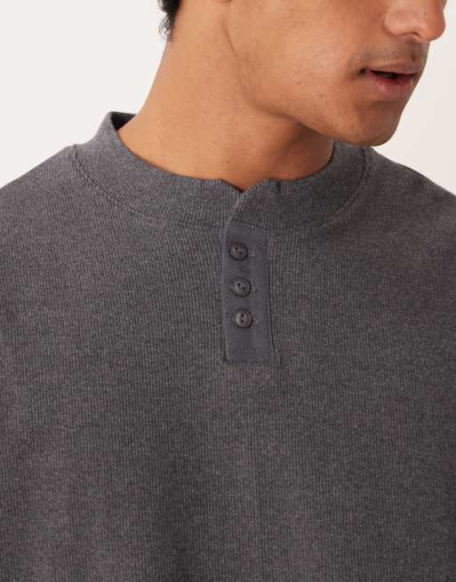 ASOS DESIGN oversized heavyweight ribbed sweatshirt with grandad collar in charcoal marl, 5 of 5