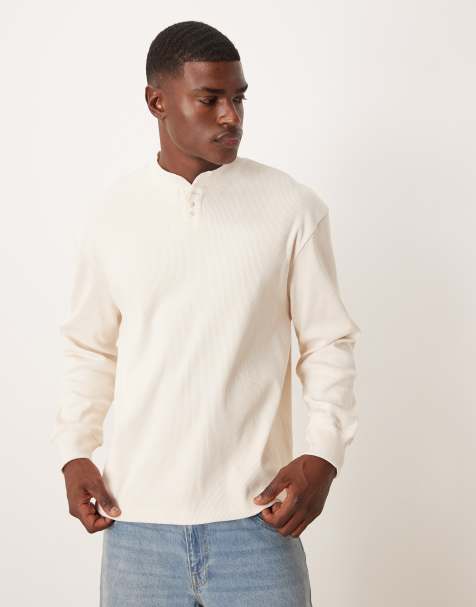 ASOS DESIGN oversized heavyweight ribbed sweatshirt with grandad collar in ecru - view 1