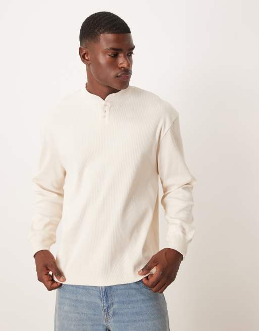 ASOS DESIGN oversized heavyweight ribbed sweatshirt with grandad collar in ecru