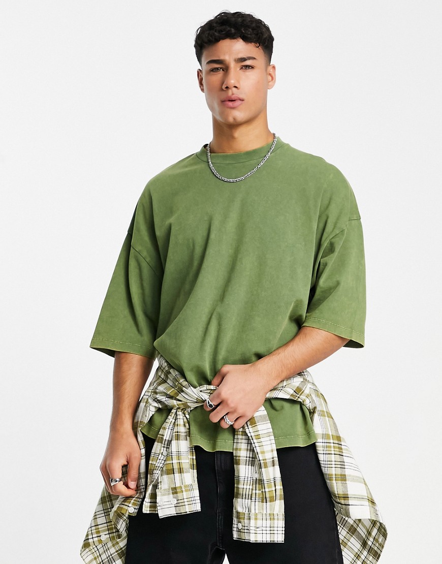 ASOS DESIGN oversized heavyweight t-shirt in acid washed khaki-Green