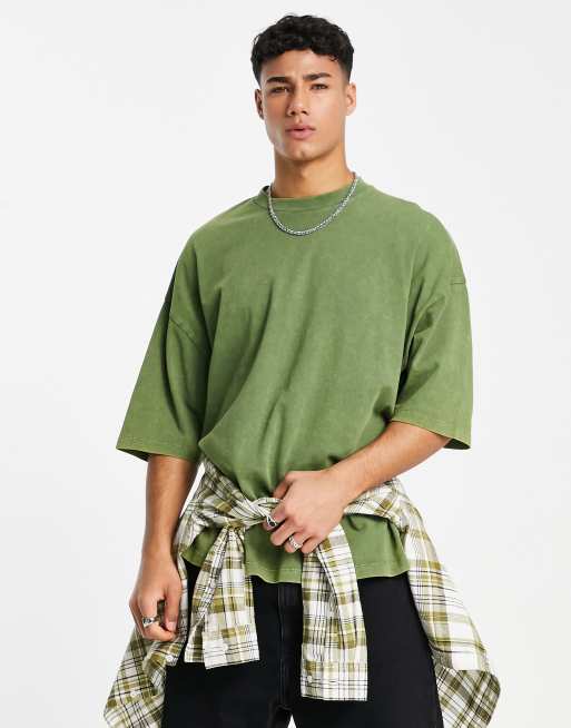 ASOS Design Oversized Polo Long Sleeve T-Shirt in Khaki Acid wash-Green