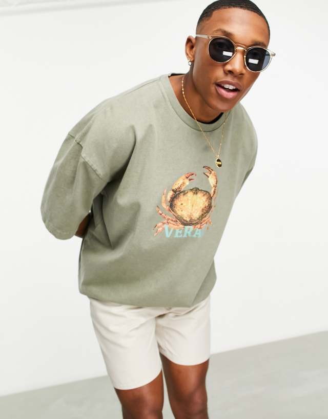 ASOS DESIGN oversized heavyweight t-shirt in khaki wash with crab graphic chest print