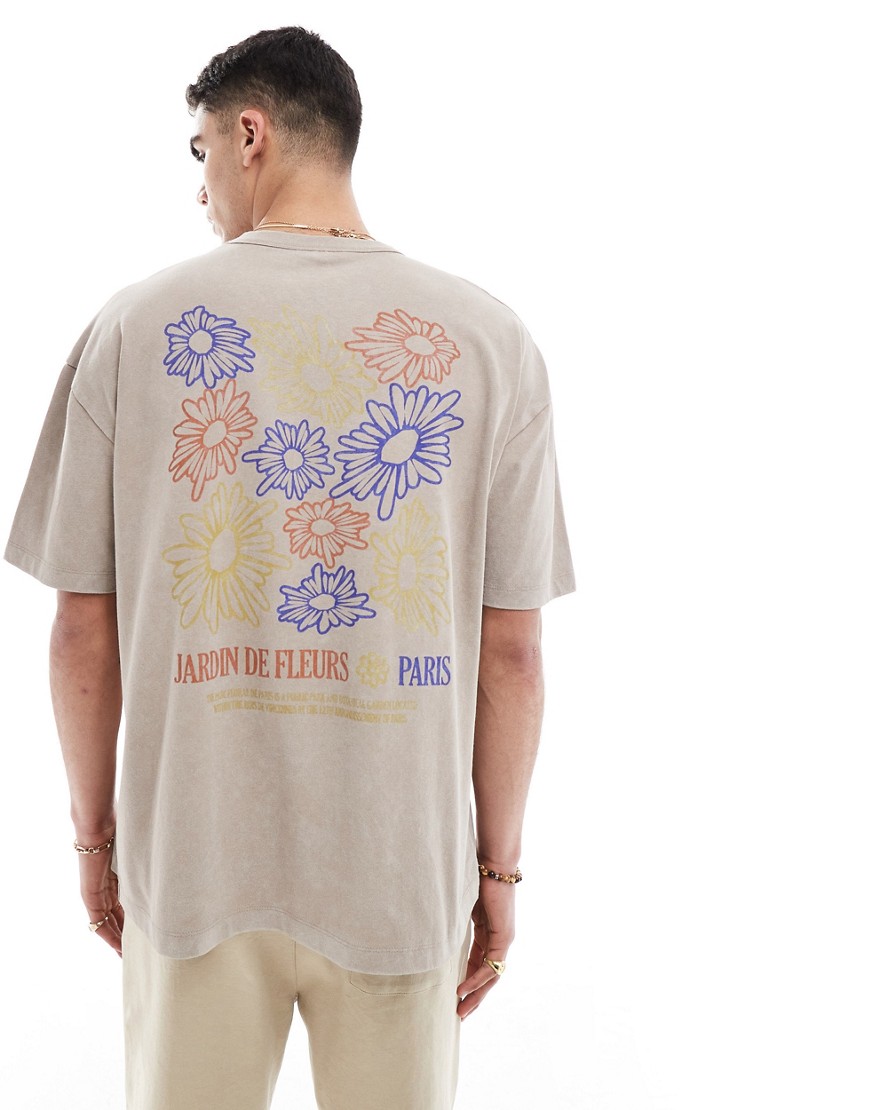 ASOS DESIGN oversized heavyweight t-shirt in washed beige with floral back print-Neutral