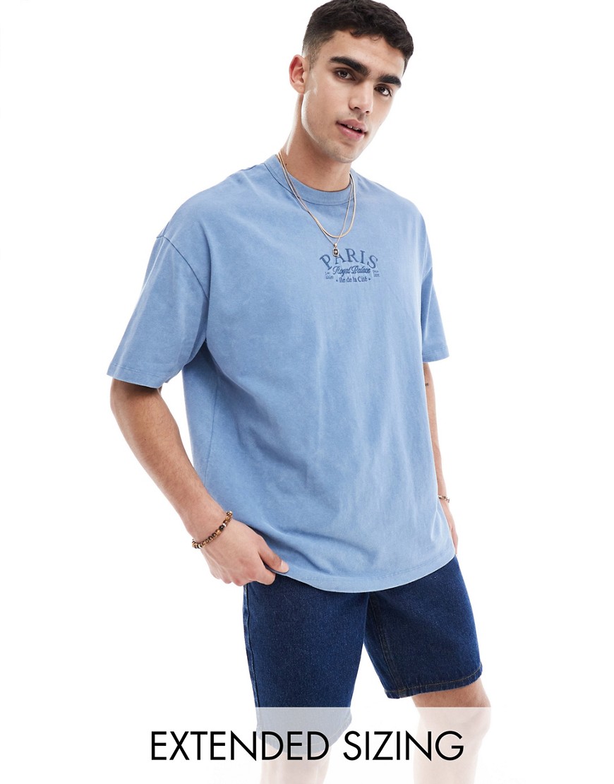 ASOS DESIGN oversized heavyweight t-shirt in washed blue with city chest print