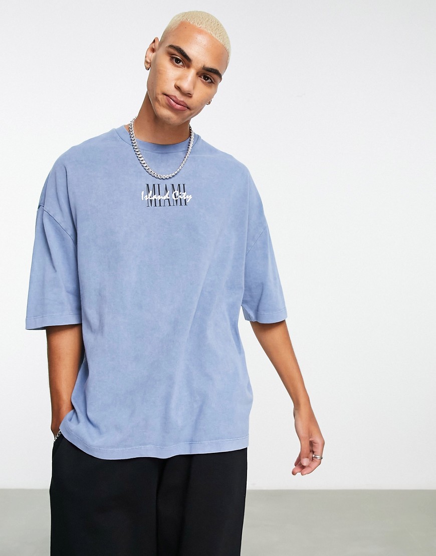 ASOS DESIGN oversized heavyweight T-shirt in washed blue with Miami Springs city print