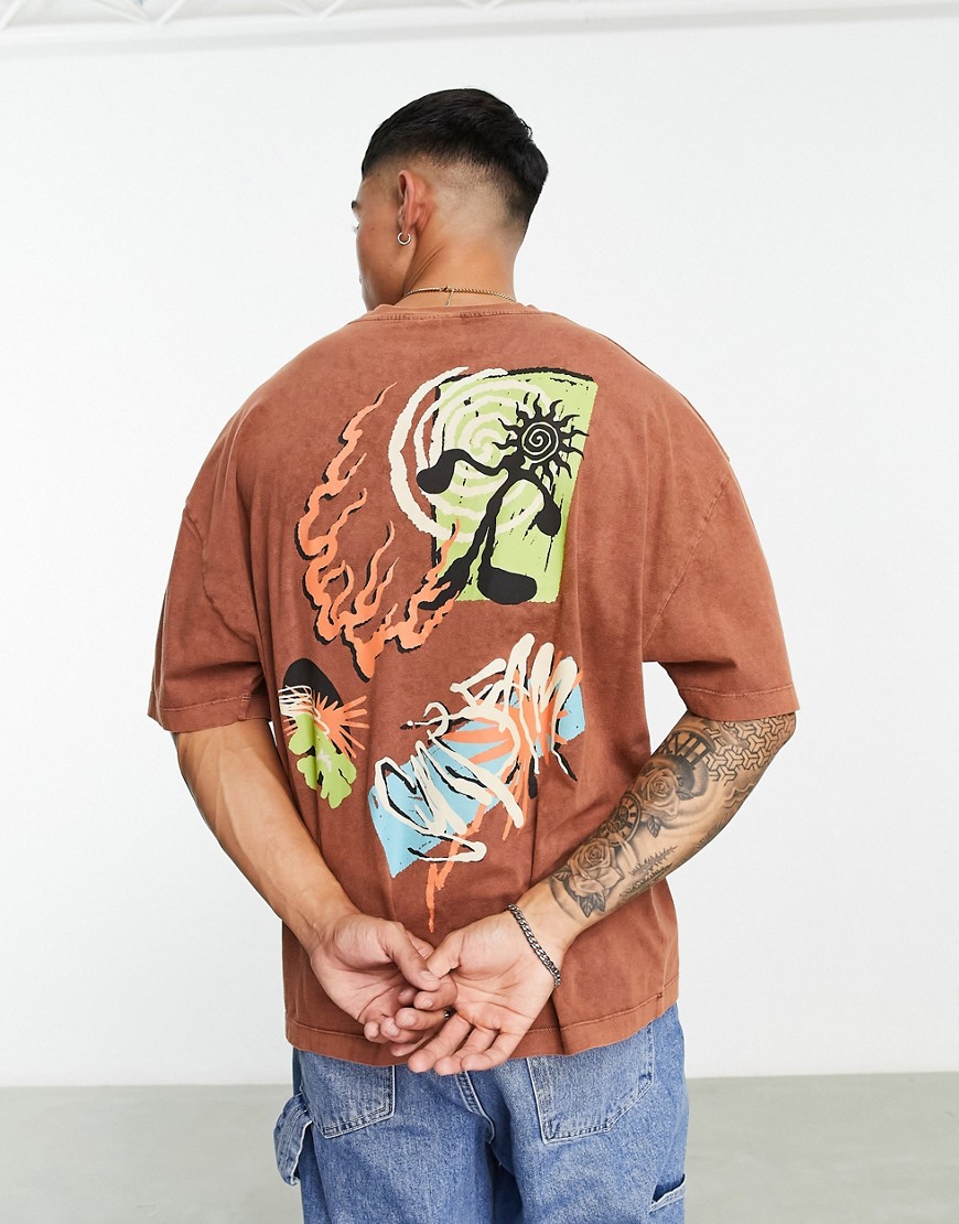 ASOS DESIGN oversized heavyweight t-shirt in washed brown with abstract back print
