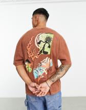 ASOS DESIGN oversized t-shirt in washed brown with butterfly chest