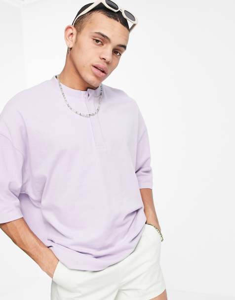 ASOS DESIGN oversized heavyweight t-shirt with grandad collar in lilac - view 1