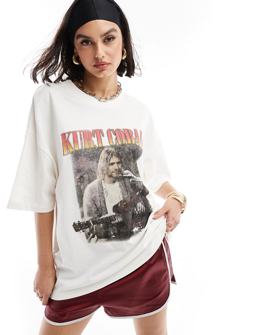 ASOS DESIGN oversized heavyweight t-shirt with kurt cobain licence graphic in cream-White