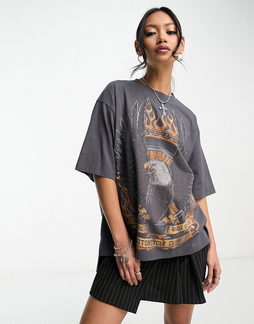 Asos Design Oversized Heavyweight T-shirt With Orange Rock Graphic In Washed Charcoal-gray
