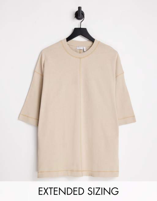 Asos Design Oversized Heavyweight T Shirt With Seaming In Beige Asos