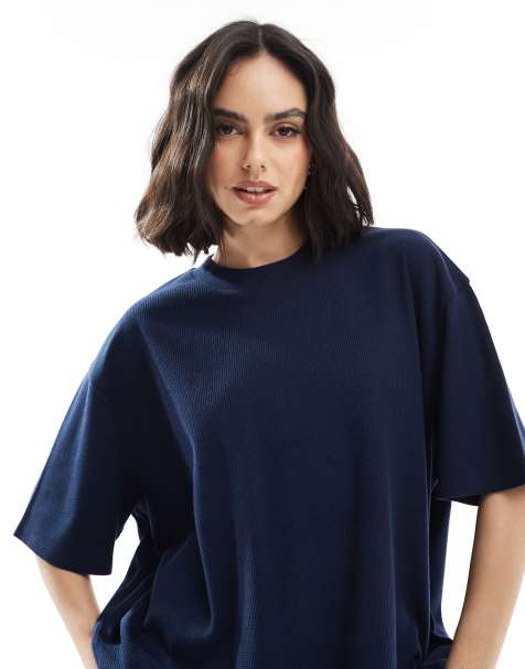 ASOS DESIGN oversized heavyweight t-shirt with side splits in waffle in navy - view 1