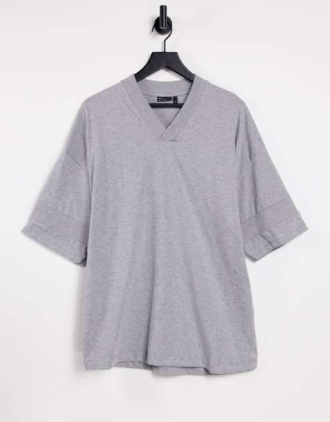 ASOS DESIGN oversized heavyweight t-shirt with V neck in grey marl with rib detail - view 1