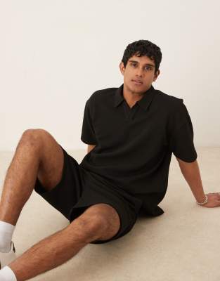 Asos Design Oversized Heavyweight Textured Polo In Black