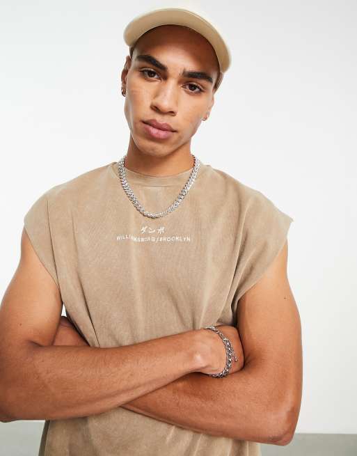 ASOS DESIGN oversized heavyweight vest in washed brown with text front print