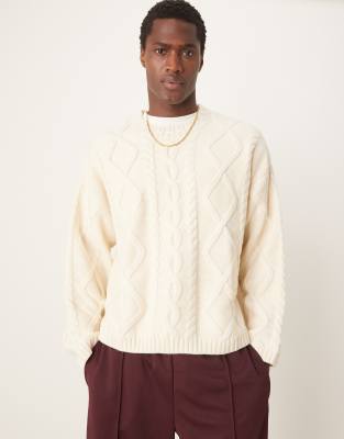 ASOS DESIGN oversized heavyweight wool mix cable jumper with crew neck in oatmeal-White φωτογραφία