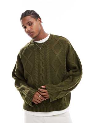 ASOS DESIGN ASOS DESIGN oversized heavyweight wool mix cable knitted jumper with crew neck in khaki-Green