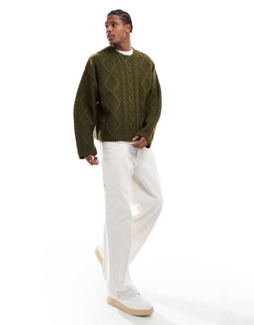 ASOS DESIGN oversized heavyweight wool mix cable knitted jumper with crew neck in khaki, 2 of 4