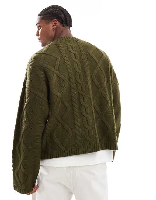 ASOS DESIGN oversized heavyweight wool mix cable knitted jumper with crew neck in khaki, 4 of 4