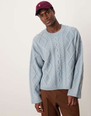 oversized heavyweight wool mix cable sweater with crew neck in light blue-Gray