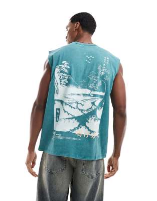 ASOS DESIGN - Oversized hemdje van zware stof met souvenir-print op de achterkant in blauw met wassing 