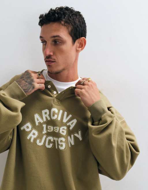 ASOS DESIGN oversized henley crew with pigment print, layered topstitch and raw edges in khaki, 2 of 5
