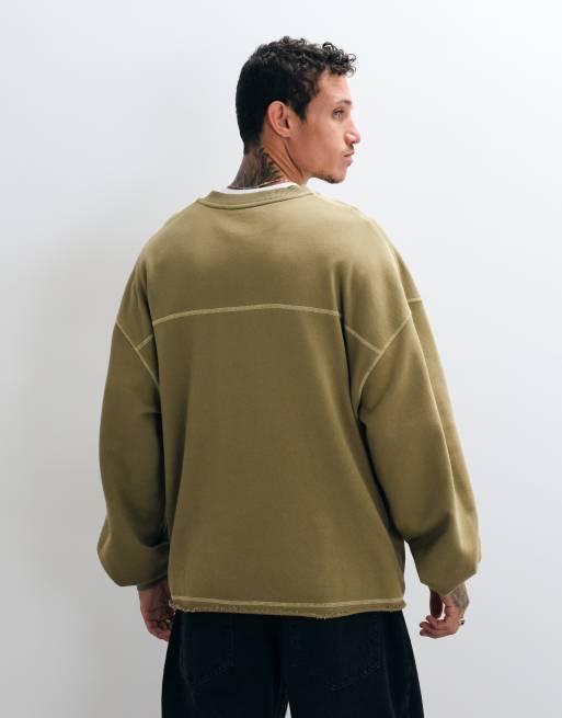 ASOS DESIGN oversized henley crew with pigment print, layered topstitch and raw edges in khaki, 3 of 5
