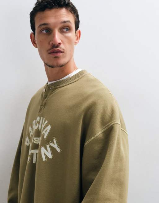 ASOS DESIGN oversized henley crew with pigment print, layered topstitch and raw edges in khaki, 5 of 5
