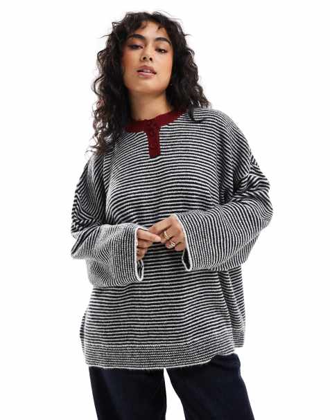ASOS DESIGN oversized henley knit sweater in stripe with contrast placket - view 1