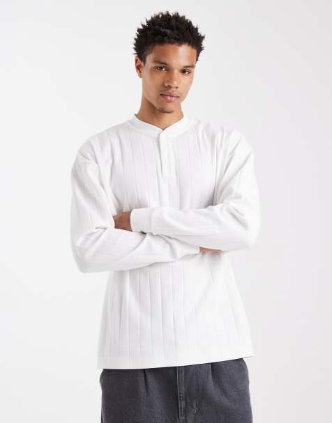 ASOS DESIGN oversized henley long sleeve t-shirt in white wide rib  - WHITE - view 1