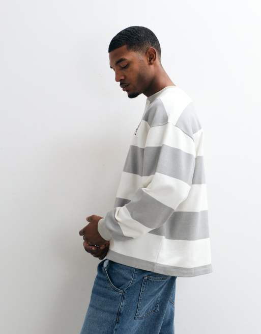 ASOS DESIGN oversized henley med striber og brystbroderi i råhvid, 3 af 5