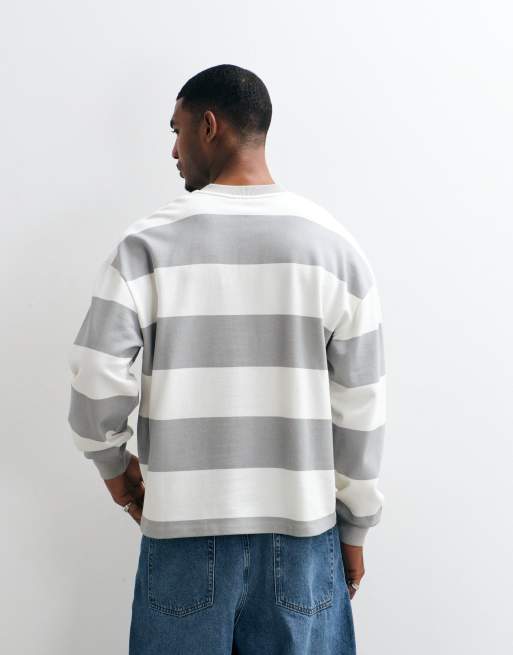 ASOS DESIGN oversized henley med striber og brystbroderi i råhvid, 5 af 5