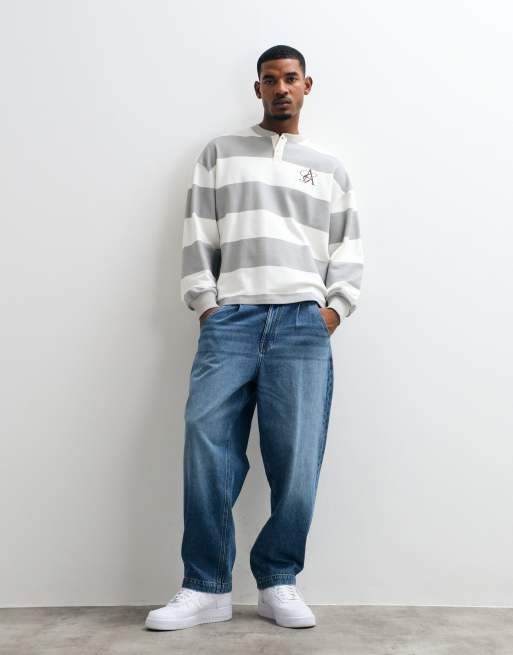 ASOS DESIGN oversized henley met streep en borstborduursel in ecru, 2 van 5