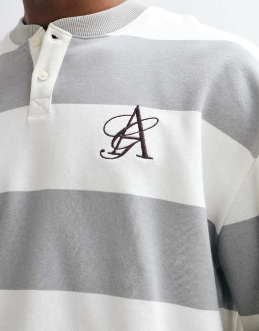 ASOS DESIGN oversized henley met streep en borstborduursel in ecru, 4 van 5